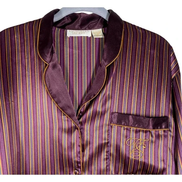 Vintage Victorias Secret Gold Label Striped Pajama PJ Top Burgundy Gold Size P - Picture 3 of 9